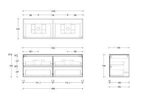 Technical Drawing - Posh Domaine All Drawer Twin 1500mm Wall Hung Vanity Double Basin 20mm Top
