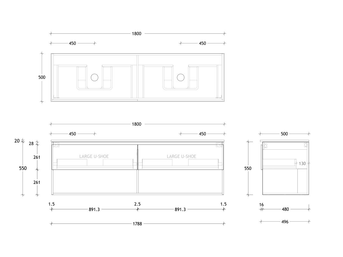 Technical Drawing - Posh Domaine All Drawer with Shelf 1800mm Wall Hung Vanity Double Basin 20mm Top