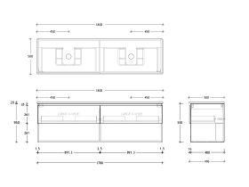 Technical Drawing - Posh Domaine All Drawer with Shelf 1800mm Wall Hung Vanity Double Basin 20mm Top