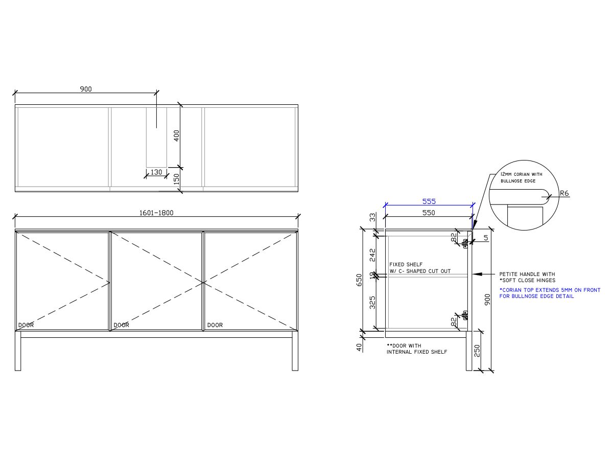 ISSY Adorn Undermount Vanity Unit with Legs Three Doors & Internal Shelves with Petite Handle 1601-1800mm x 550mm x 900mm CENTERED (CENTRE LEFT)