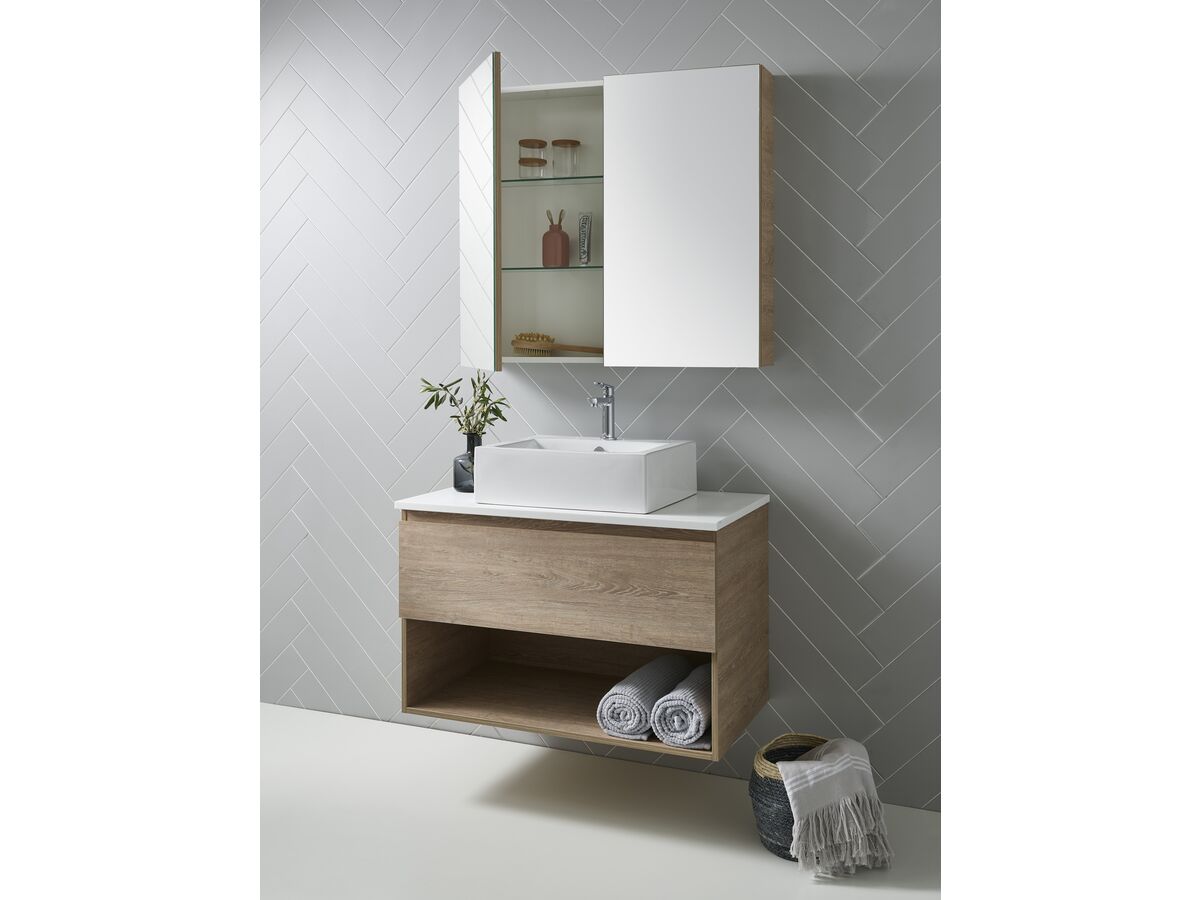 Posh Domaine 600mm Wall Hung Vanity Unit AllDrawer Open Shelf Cherry