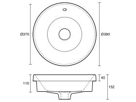 Technical Drawing - Roca The Gap Round Semi Inset Basin 390mm With Overflow White