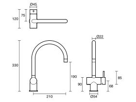Technical Drawing - Scala Sink Mixer Tap Large Curved Right Hand 316 Stainless Steel