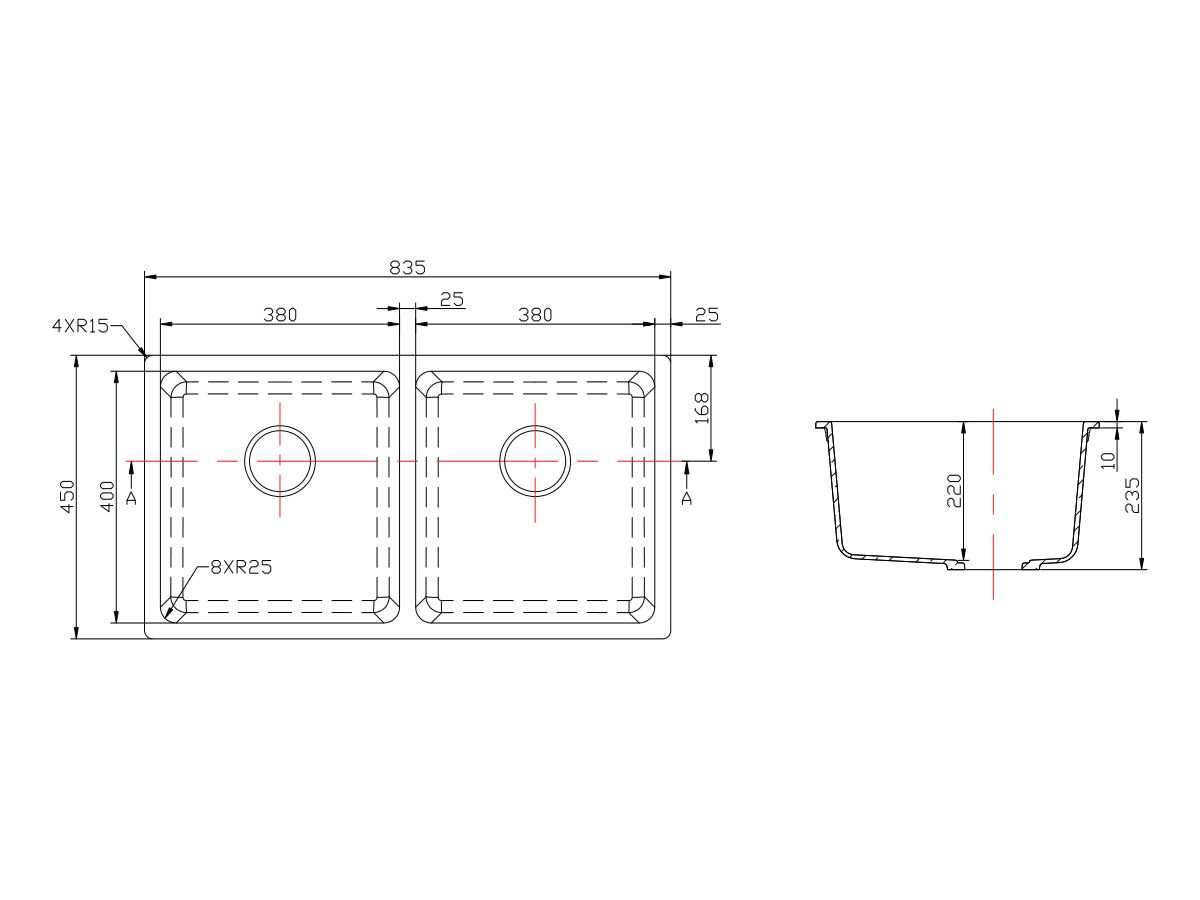 Memo Hugo Double Bowl Sink No Taphole Granite Black