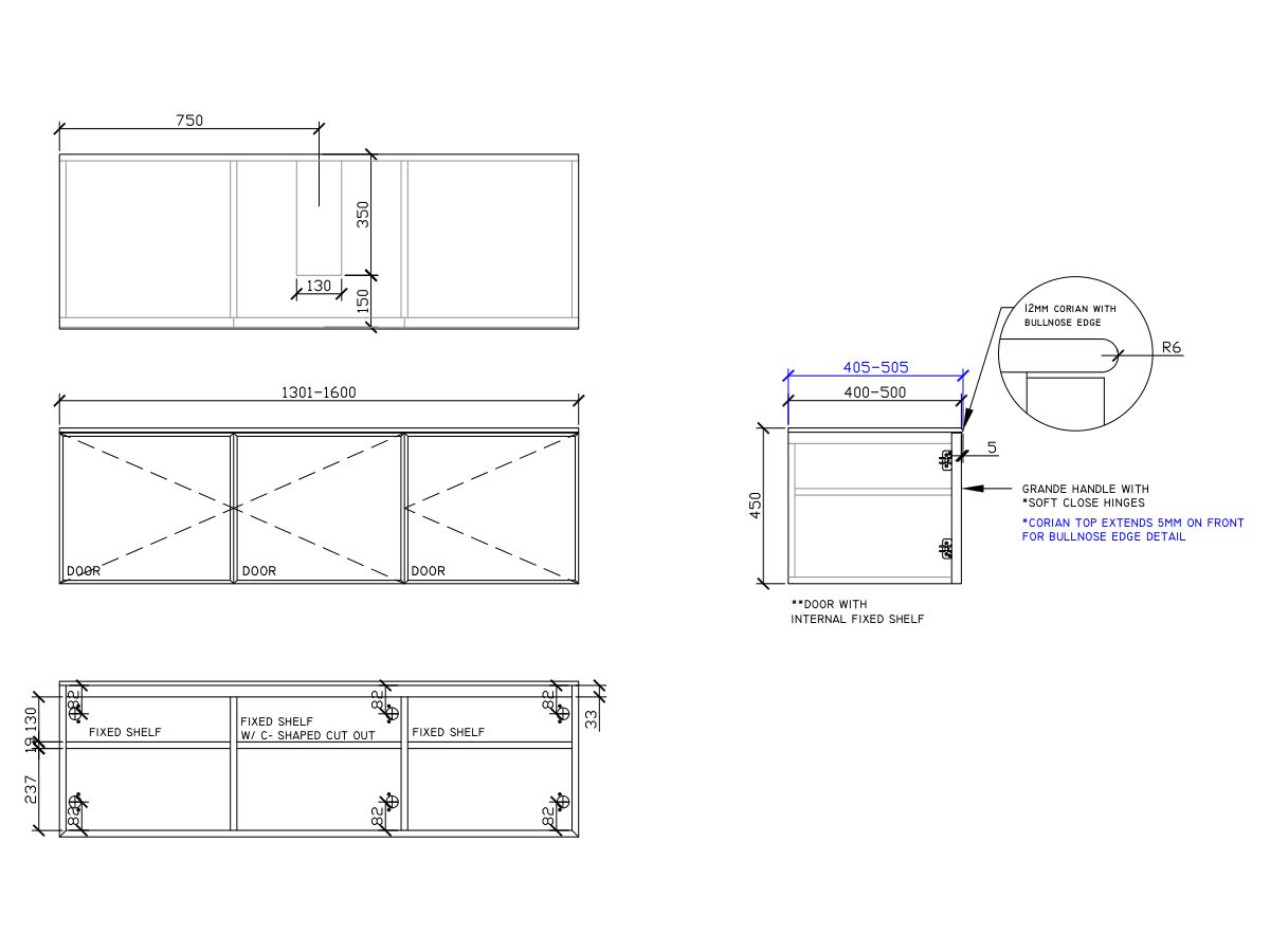 ISSY Adorn Above Counter / Semi Inset Wall Hung Vanity Unit with Three Doors & Internal Shelf with Grande Handle 1301-1600mm x 400-500mm x 450mm CENTERED (CENTRE RIGHT)