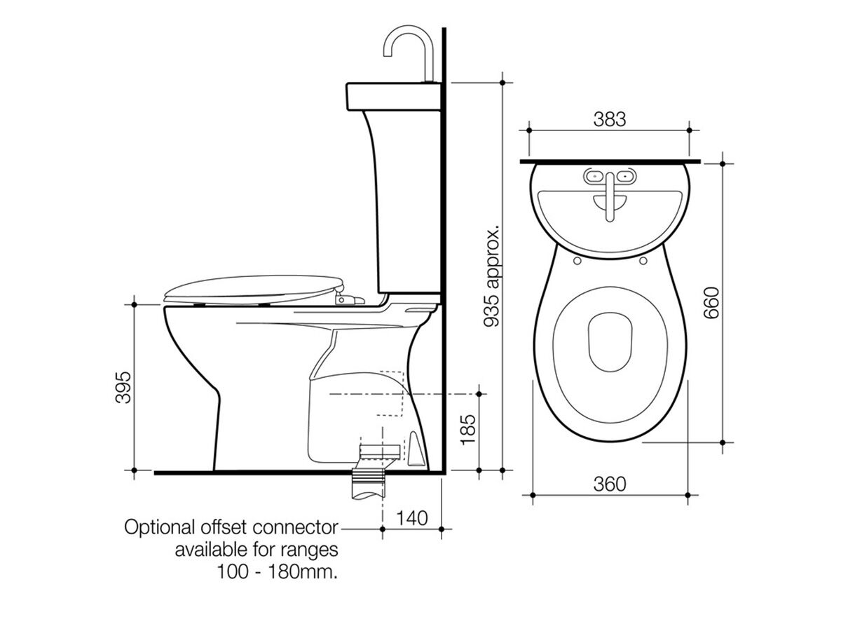 Caroma Profile 5 Deluxe P trap Bottom Inlet Toilet Suite with ted Hand Basin Soft Close Seat