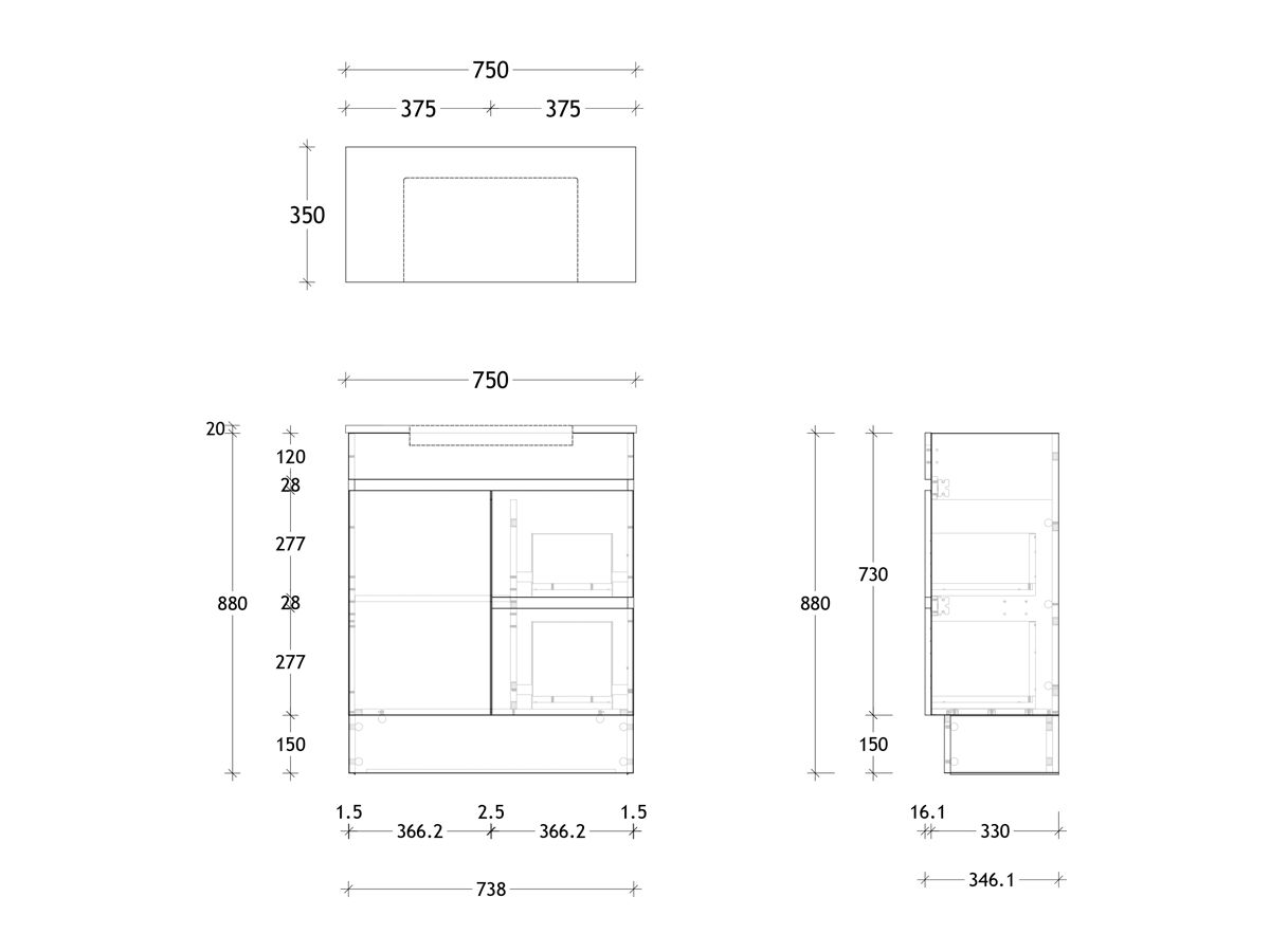 Technical Drawing - Posh Domaine Semi-Recessed 750mm Floor Mounted Vanity Centre Basin 20mm Top