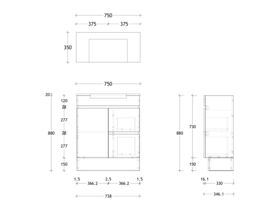 Technical Drawing - Posh Domaine Semi-Recessed 750mm Floor Mounted Vanity Centre Basin 20mm Top