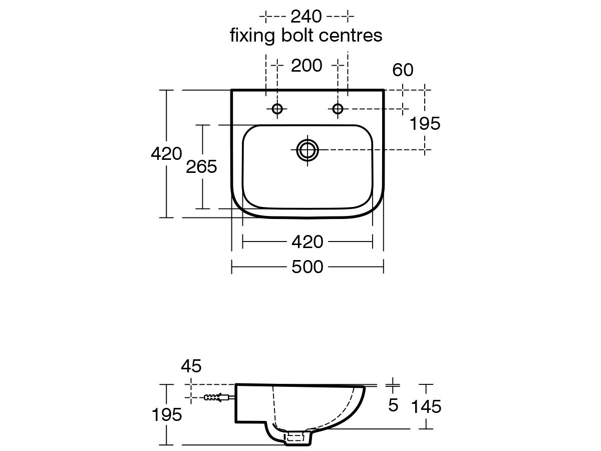 Armitage Shanks Portman 21 Wall Basin with Fixing Bolts 500mm 2 Taphole ...