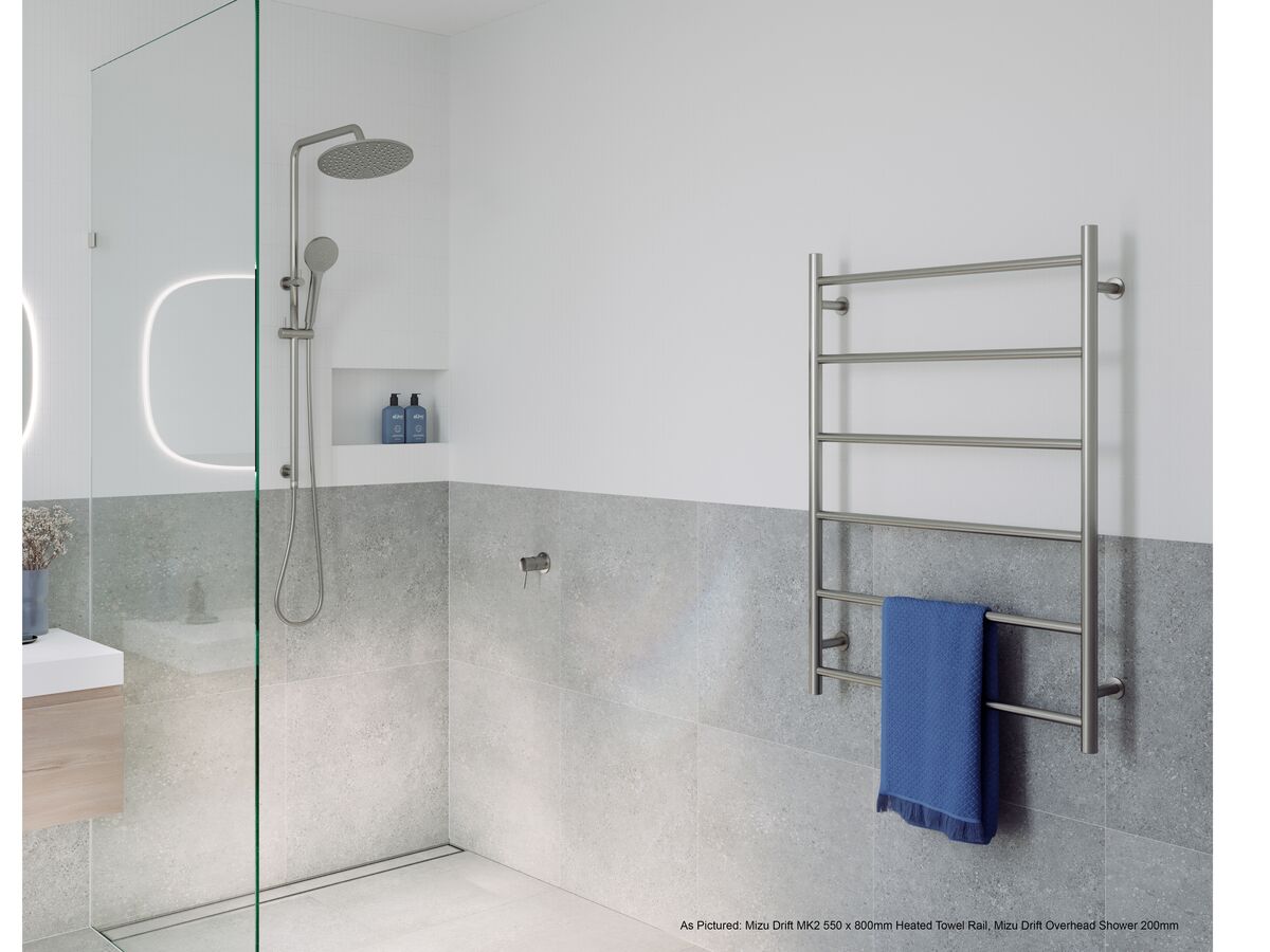 Mizu Drift MK2 550 x 800mm Heated Towel Rail Brushed Stainless Steel, Mizu Drift Overhead Shower 200mm