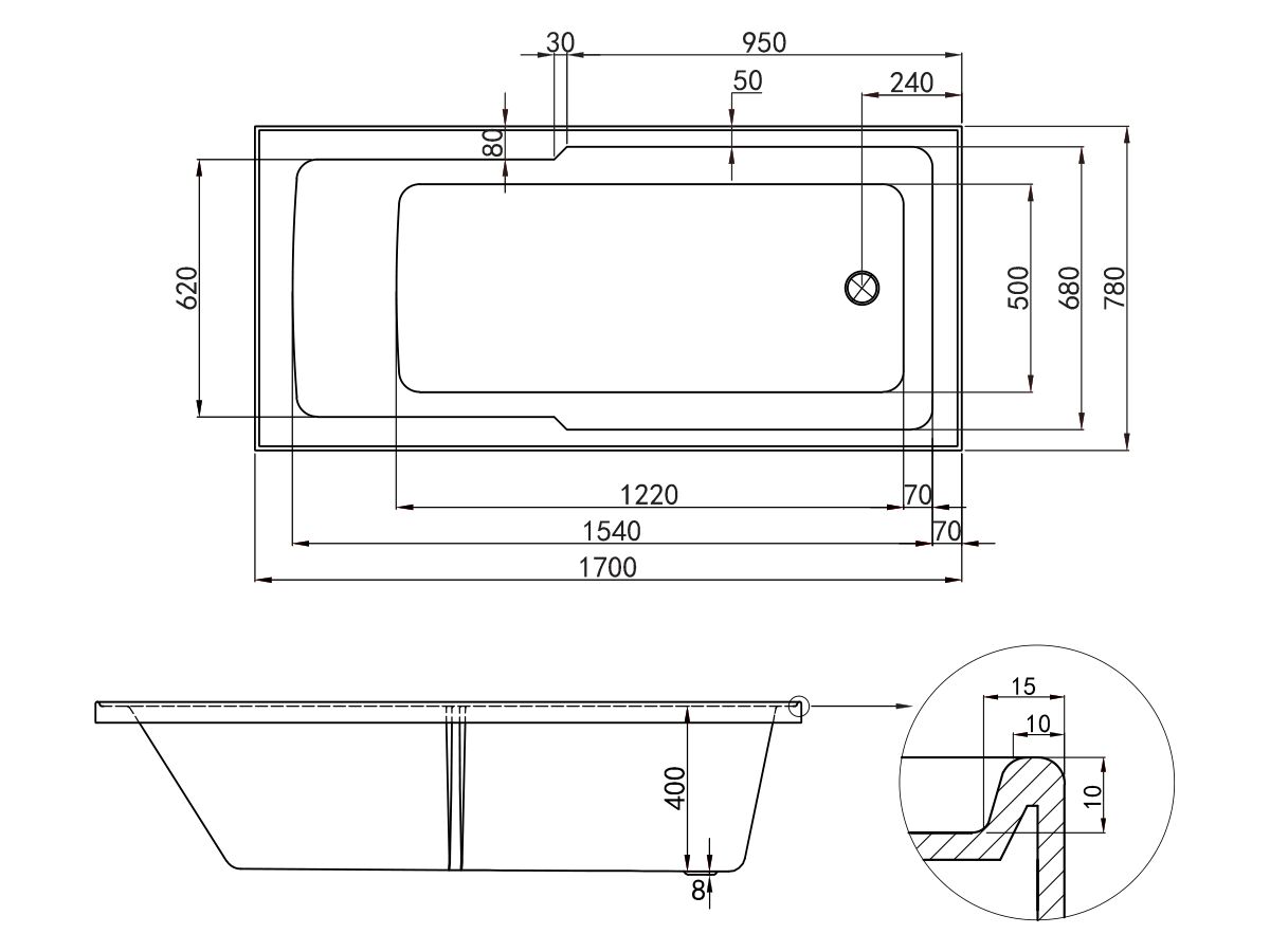 Mizu Bloc Shower Bath 1700 x 780 x 400mm White