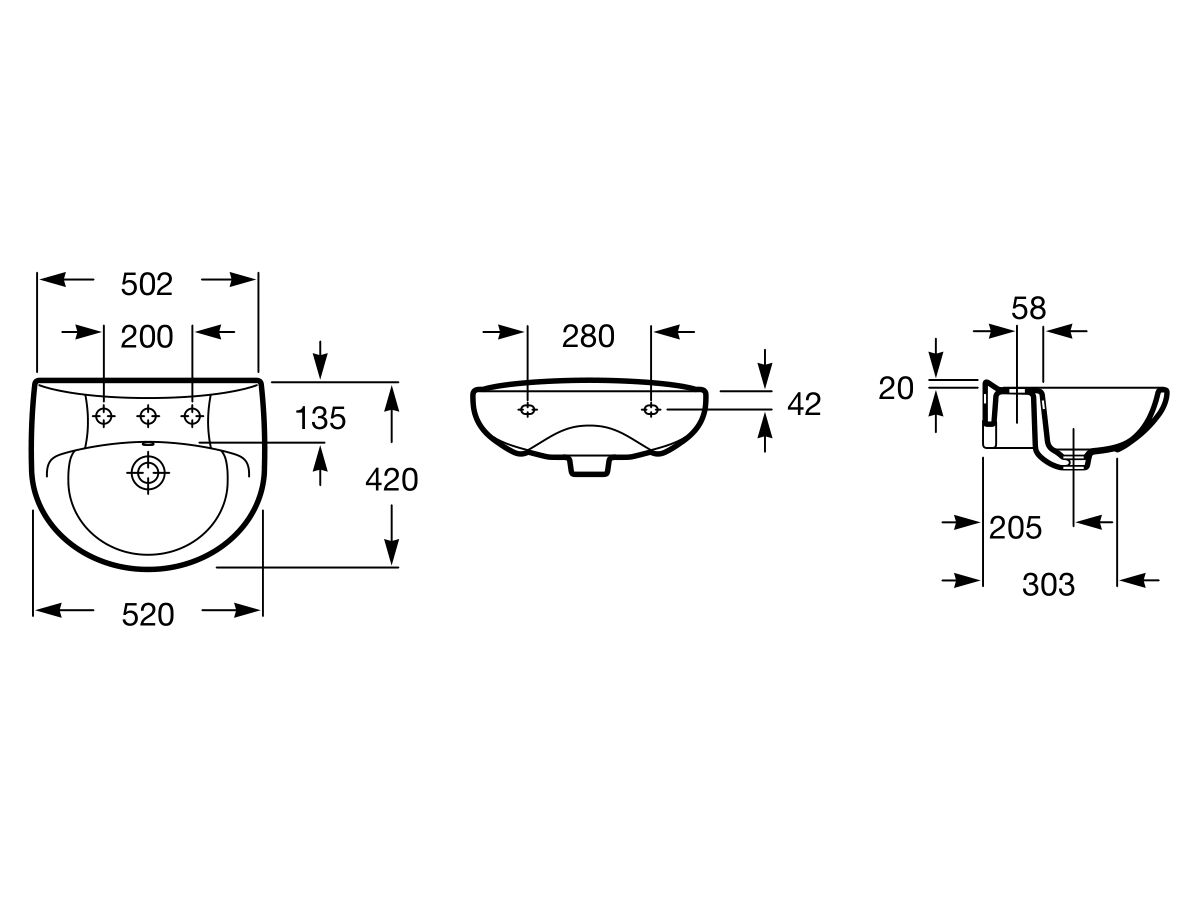 Victoria Wall Basin with Fixing Bolts 520mm 3 Taphole White