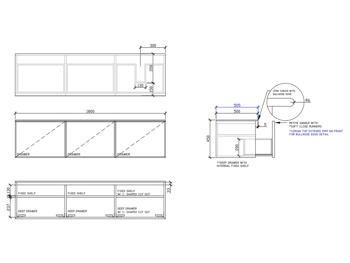 ISSY Adorn Above Counter / Semi Inset Wall Hung Vanity Unit with Three Drawers & Internal Shelves with Petite Handle 1800mm x 500mm x 450mm OFFSET RIGHT