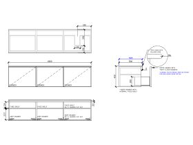Technical Drawing - ISSY Adorn Above Counter / Semi Inset Wall Hung Vanity Unit with Three Drawers & Internal Shelves with Petite Handle 1800mm x 500mm x 450mm OFFSET RIGHT