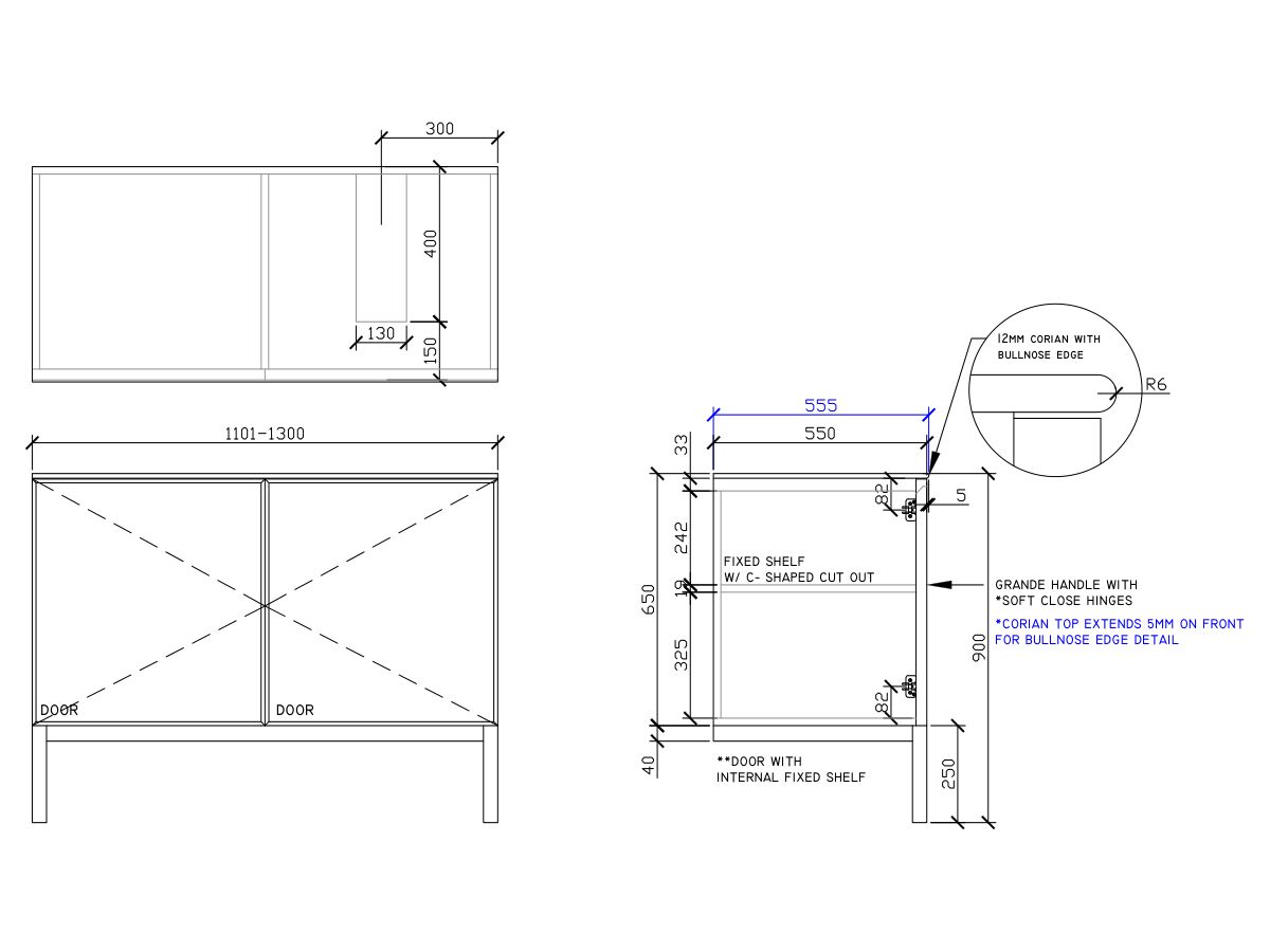 ISSY Adorn Undermount Vanity Unit with Legs Two Doors & Internal Shelves with Grande Handle 1101-1300mm x 550mm x 900mm OFFSET RIGHT (OPENS BOTH SIDES)