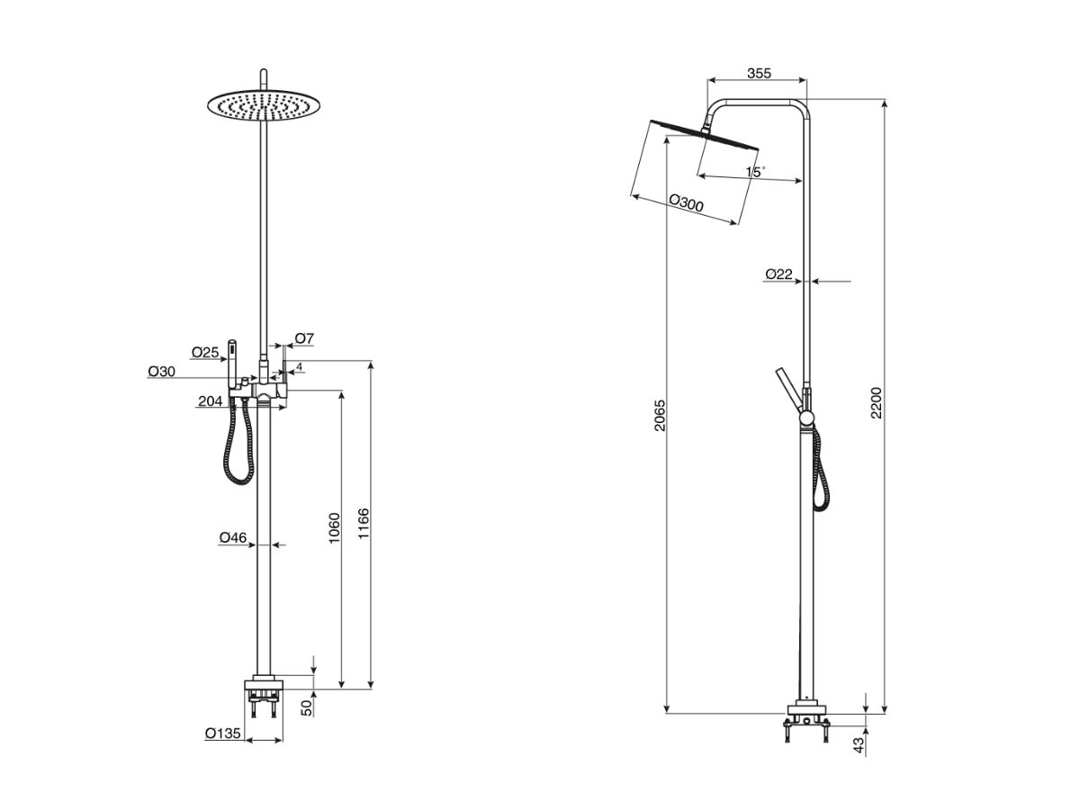 Milli Inox Freestanding Twin Rail Shower & 300mm Overhead with Bottom