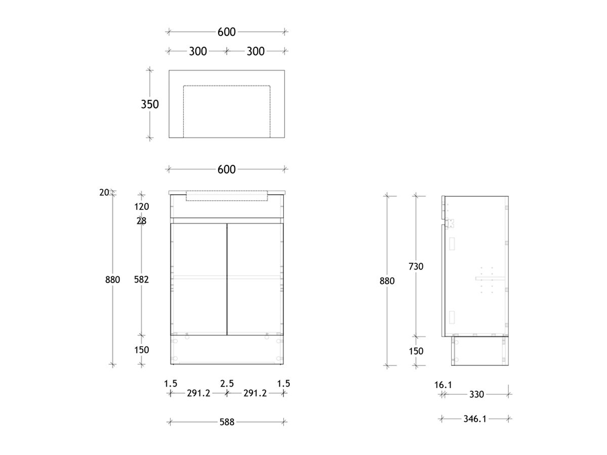Technical Drawing - Posh Domaine Semi-Recessed 600mm Floor Mounted Vanity Centre Basin 20mm Top