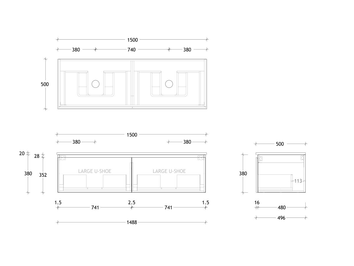 Technical Drawing - Posh Domaine All Drawer 1500mm Wall Hung Vanity Double Basin 20mm Top