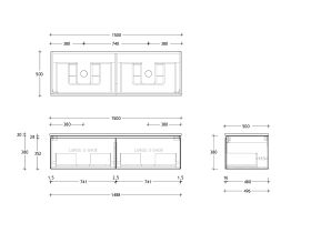 Technical Drawing - Posh Domaine All Drawer 1500mm Wall Hung Vanity Double Basin 20mm Top