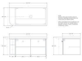 Technical Drawing - Kado Era 50mm Durasein Statement Top Single Curve All Door 1050mm Wall Hung Vanity with Center Basin