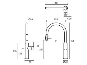 Technical Drawing - Mizu Soothe MK2 Gooseneck Pull Out Sink Mixer Curved (5 Star)