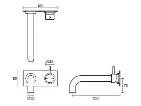 Technical Drawing - Scala 32mm Curved Wall Basin Mixer Tap System Right Hand Mixer Tap 250mm Outlet