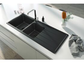 Memo Hugo 1 & 3/4 Bowl Sink 1 Taphole Left Hand Bowl with Drainer Granite Black