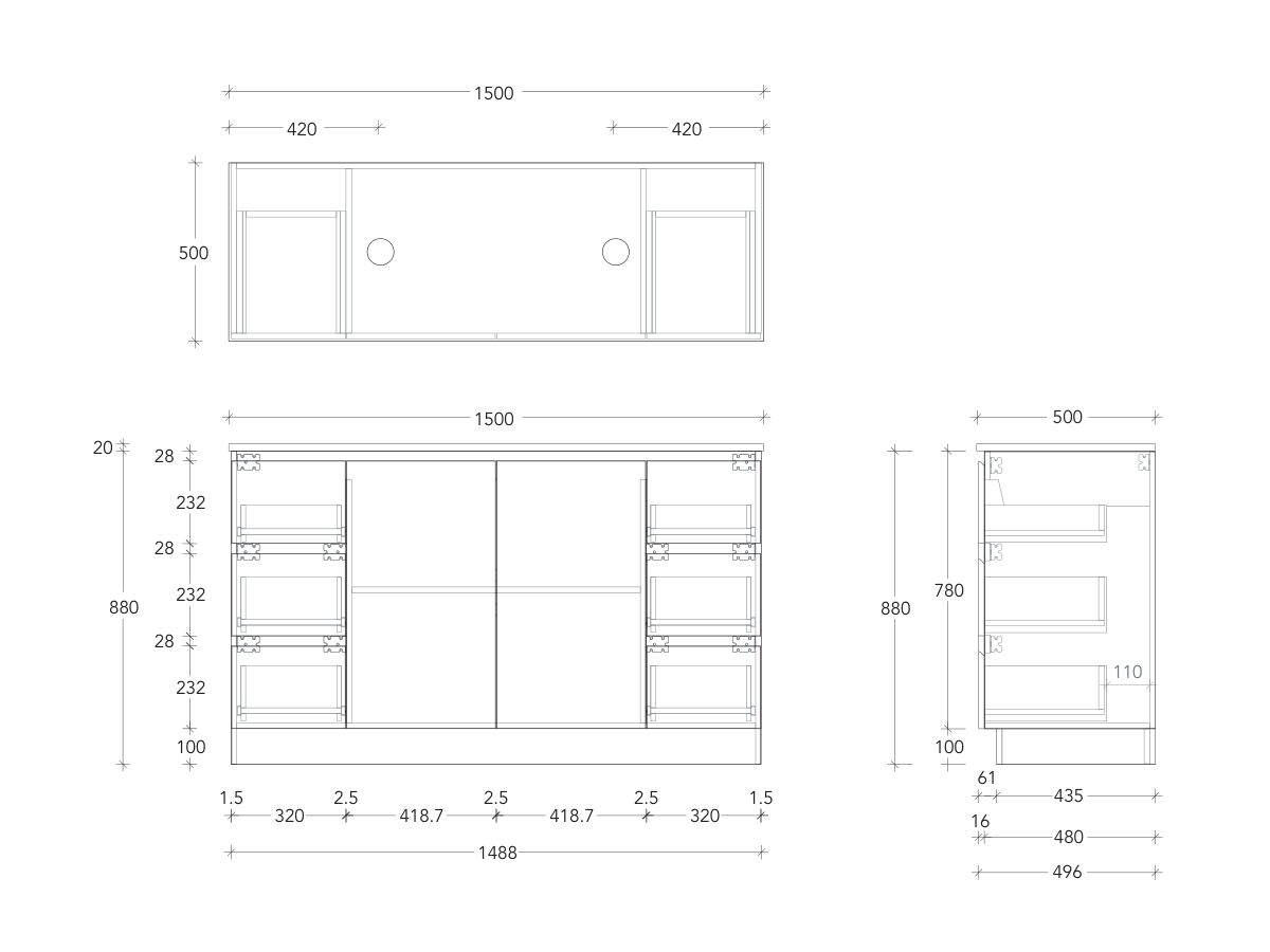 Technical Drawing - Posh Domaine Conventional 1500mm Floor Mounted Vanity Double Basin 20mm Top