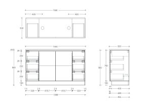 Technical Drawing - Posh Domaine Conventional 1500mm Floor Mounted Vanity Double Basin 20mm Top