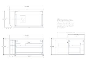 Technical Drawing - Kado Era 50mm Durasein Statement Top Single Curve All Drawer 1050mm Wall Hung Vanity with Left Hand Basin