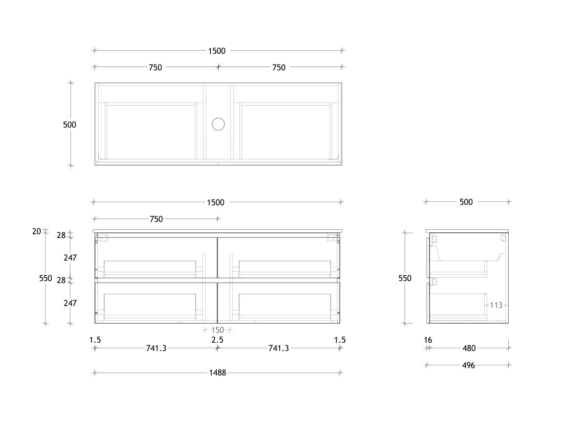 Technical Drawing - Posh Domaine All Drawer Twin 1500mm Wall Hung Vanity Centre Basin 20mm Top