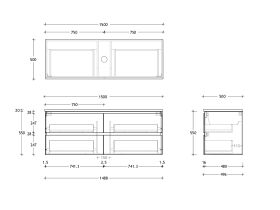 Technical Drawing - Posh Domaine All Drawer Twin 1500mm Wall Hung Vanity Centre Basin 20mm Top