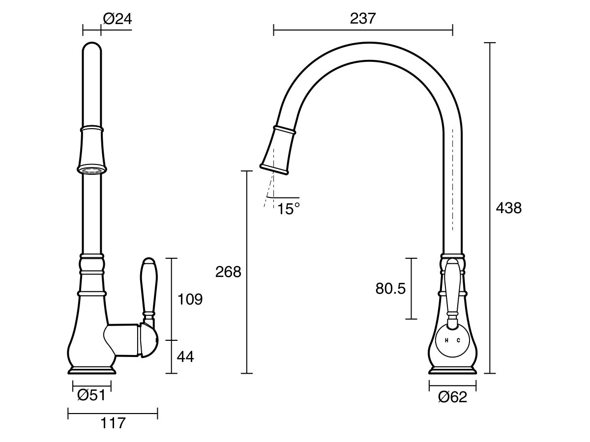 Milli Voir Gooseneck PullOut Sink Mixer Tap with Porcelain Handle