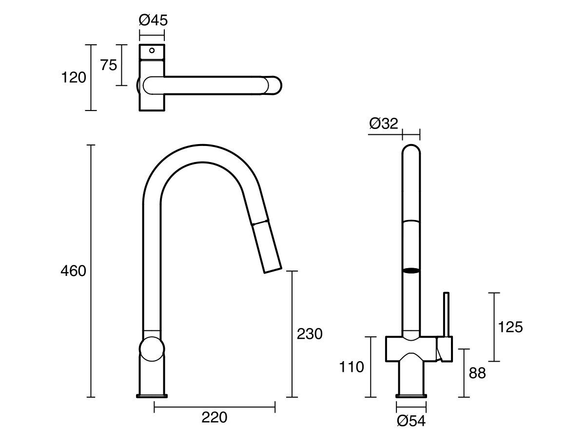 Technical Drawing - Scala Pullout Sink Mixer Tap