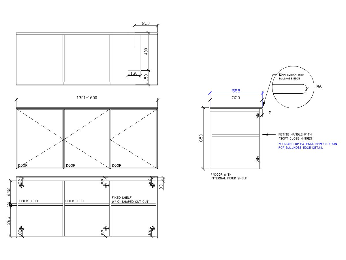 ISSY Adorn Undermount Wall Hung Vanity Unit with Three Doors & Internal Shelf with Petite Handle 1301-1600mm x 550mm x 650mm OFFSET RIGHT (CENTRE RIGHT)