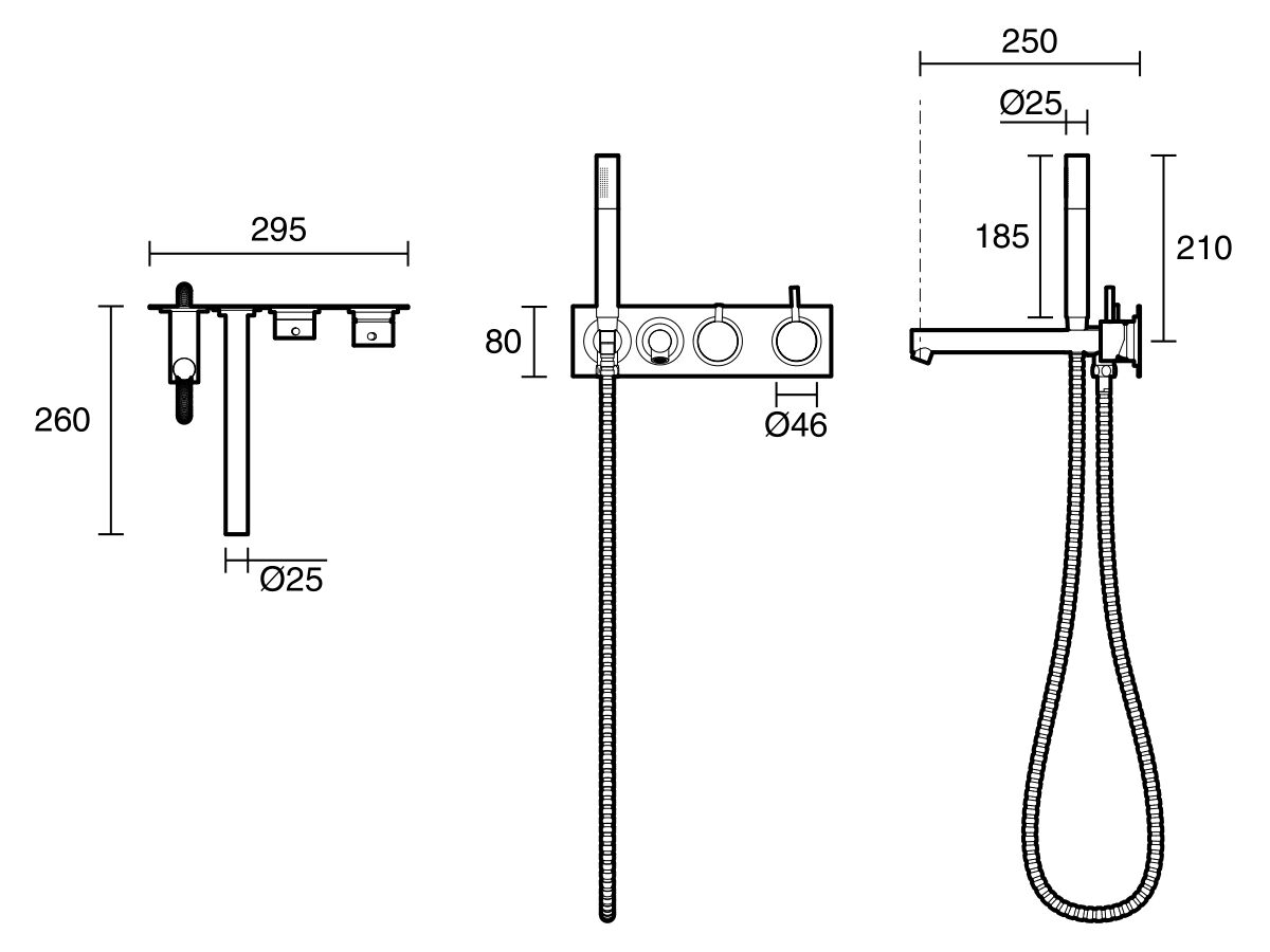 Technical Drawing - Scala Bath Mixer Tap-Diverter System 250mm Outlet Right Hand Operation