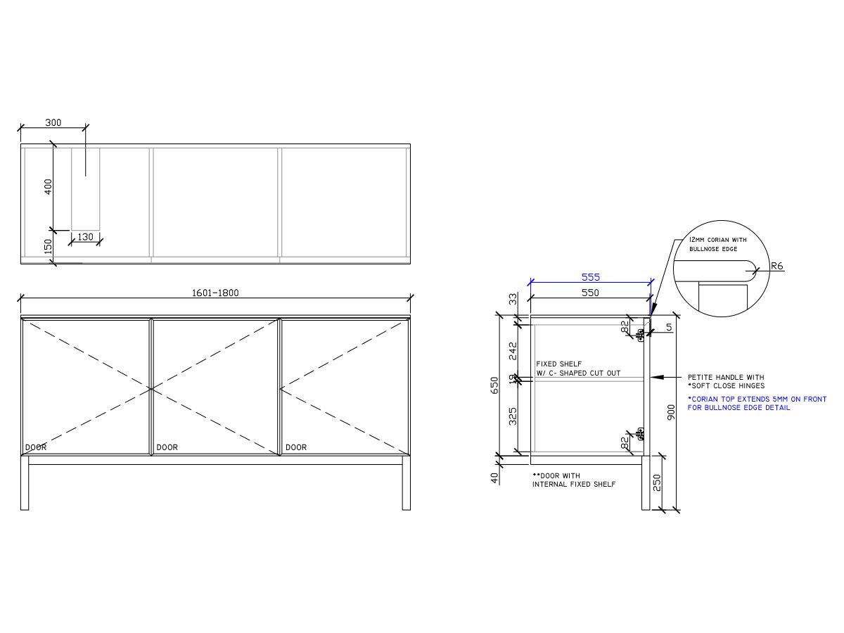 ISSY Adorn Undermount Vanity Unit with Legs Three Doors & Internal Shelves with Petite Handle 1601-1800mm x 550mm x 900mm OFFSET LEFT (CENTRE RIGHT)