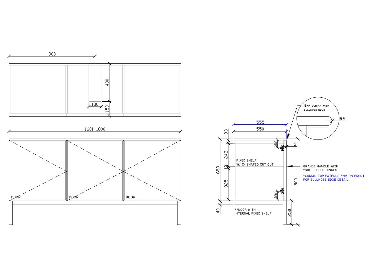 ISSY Adorn Undermount Vanity Unit with Legs Three Doors & Internal Shelves with Grande Handle 1601-1800mm x 550mm x 900mm CENTERED (CENTRE LEFT)