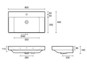 Technical Drawing - Roca Ona Wall-hung Basin 800x460 1 Taphole Centre Bowl Overflow