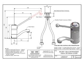 Specification Sheet - Myuna 125mm Disabled Basin Mixer Tap 150mm Lever Chrome (4 Star)