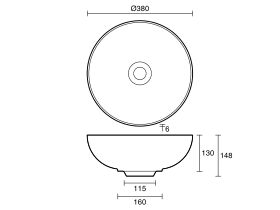 Technical Drawing - Omvivo Villa Thin Edge Round Above Counter Basin 380mm