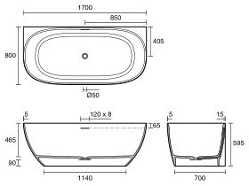 Technical Drawing - Kado Lussi Cast Solid Surface Freestanding Thin Edge Back to Wall Bath with Plug & Waste 1700mm White
