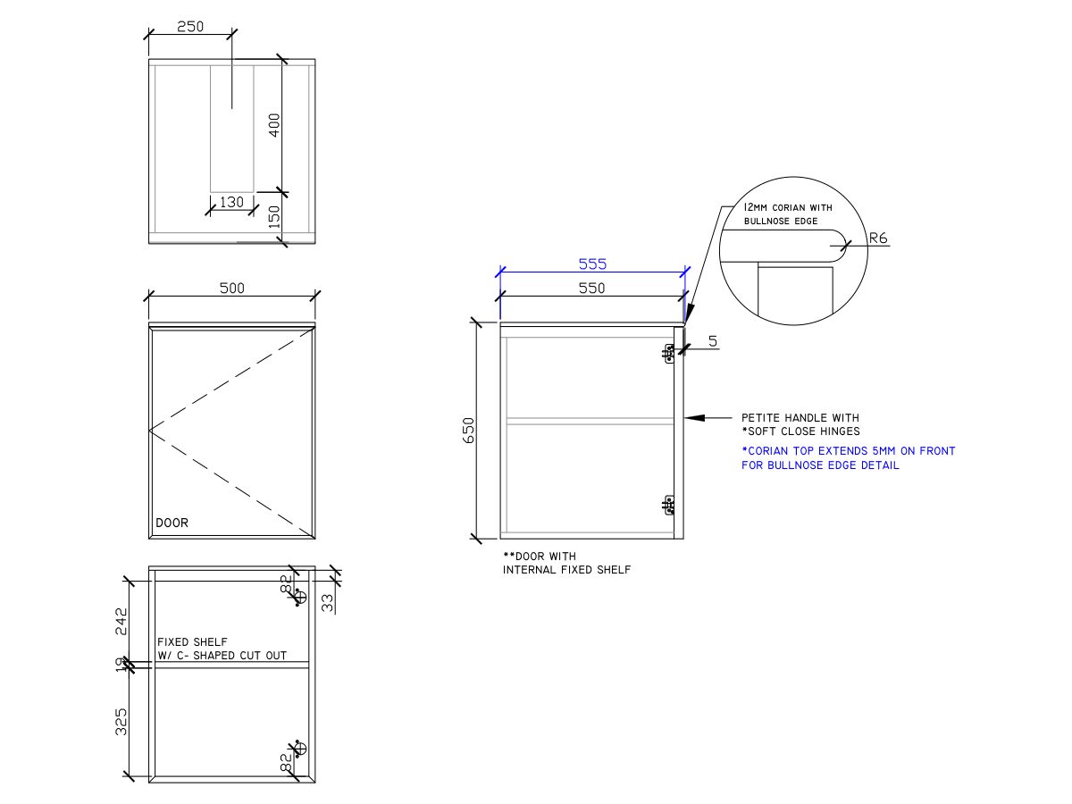ISSY Adorn Undermount Wall Hung Vanity Unit with One Door & Internal Shelf with Petite Handle 500mm x 550mm x 650mm CENTER (RIGHT)