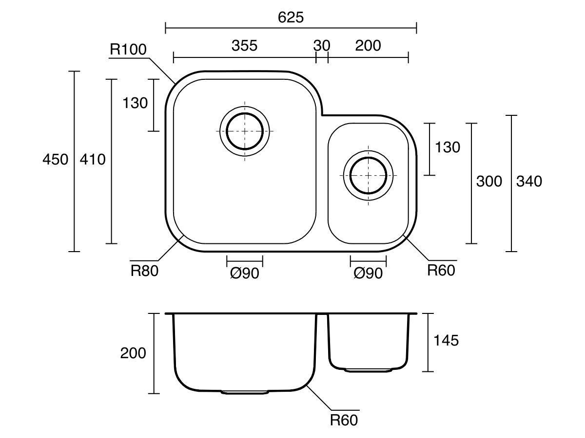 Technical Drawing - Posh Solus MK3 1 1/3 Undermount Sink Stainless Steel