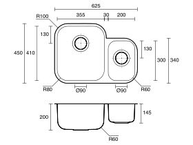 Technical Drawing - Posh Solus MK3 1 1/3 Undermount Sink Stainless Steel