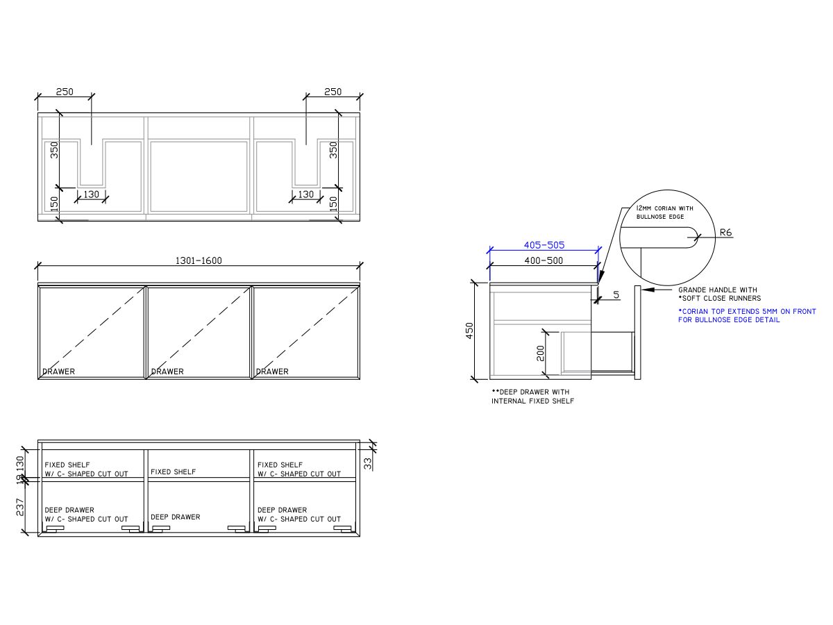 ISSY Adorn Above Counter / Semi Inset Wall Hung Vanity Unit with Three Drawers & Internal Shelves with Grande Handle 1301-1600mm x 400-500mm x 450mm DOUBLE BASIN