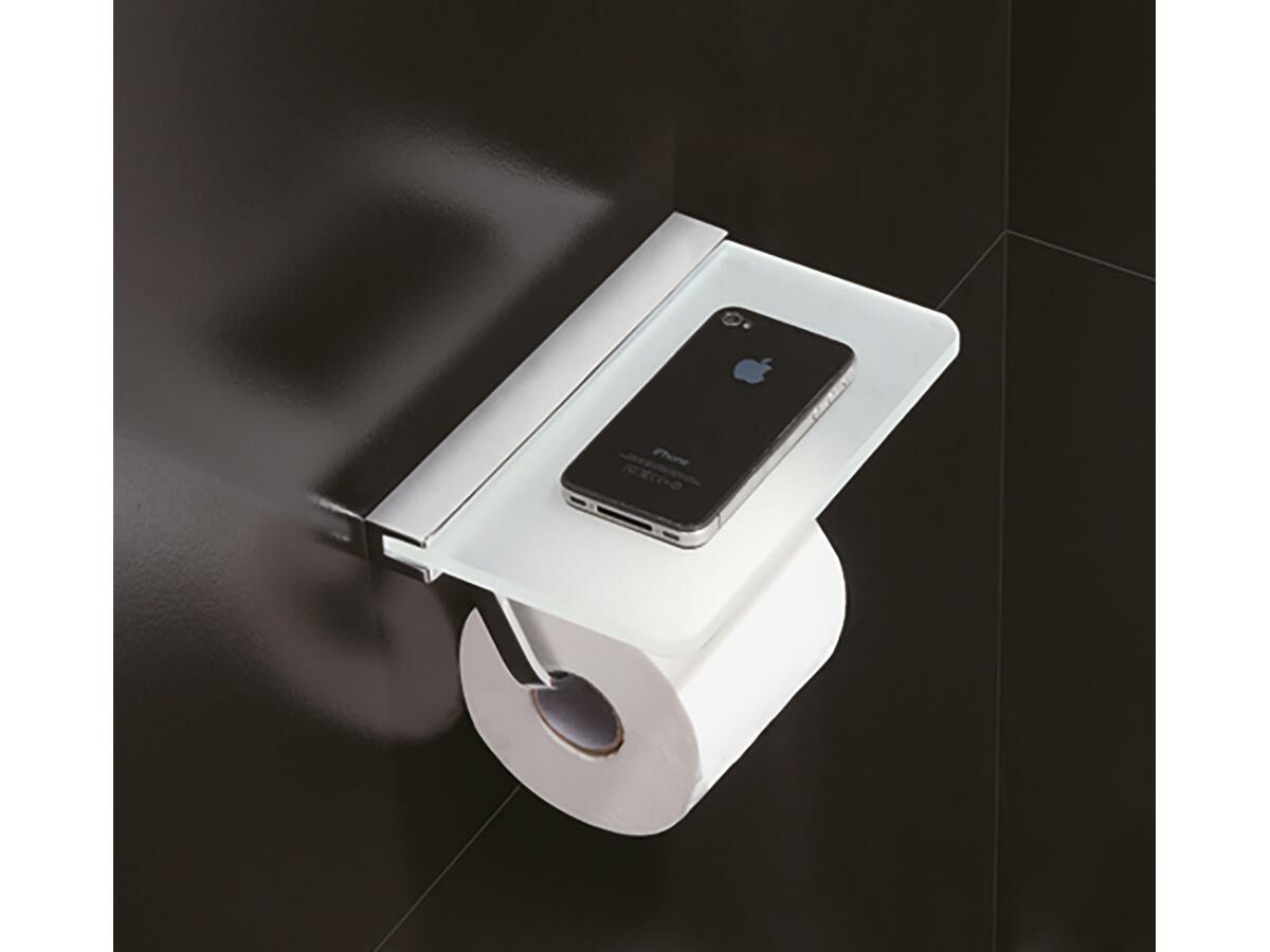 Milli Glance Toilet Roll Holder with Shelf Chrome/ Glass from Reece