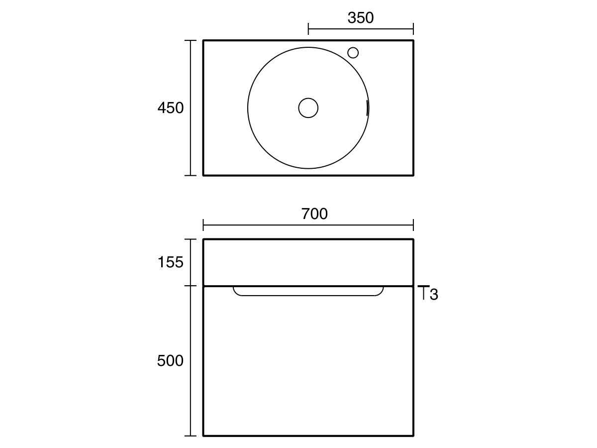 Technical Drawing - Omvivo Neo Two Wall Hung Vanity  700mm Center Bowl