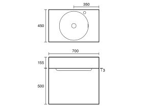 Technical Drawing - Omvivo Neo Two Wall Hung Vanity  700mm Center Bowl