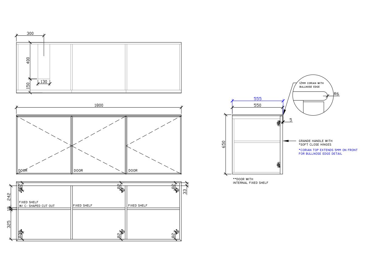 ISSY Adorn Undermount Wall Hung Vanity Unit with Three Doors & Internal Shelf with Grande Handle 1800mm x 550mm x 650mm OFFSET LEFT (CENTRE RIGHT)